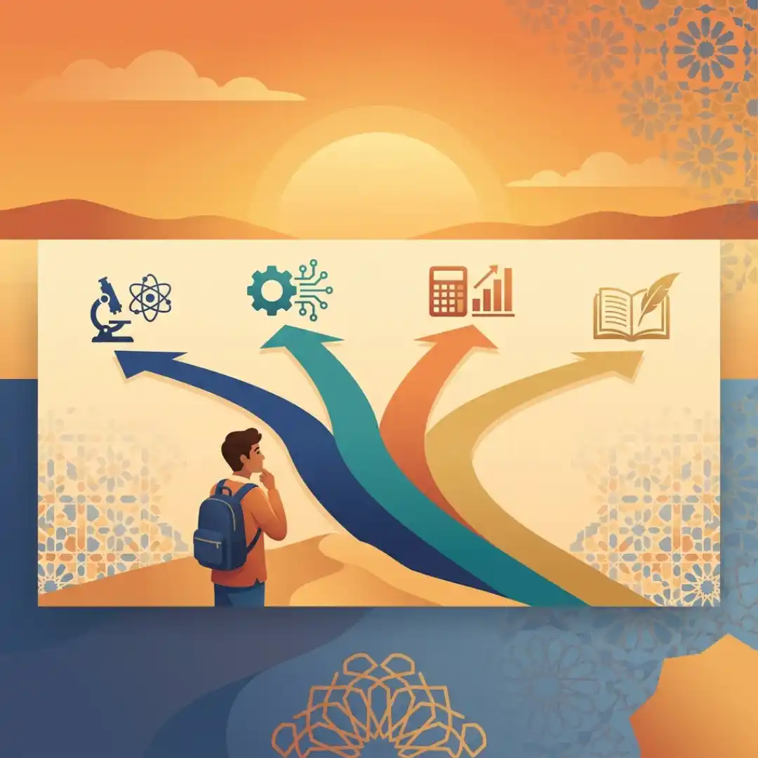 طالب مغربي يحمل حقيبة ظهر ويختار بين مسارات دراسية مختلفة ترمز إلى العلوم والتكنولوجيا والاقتصاد والأدب.